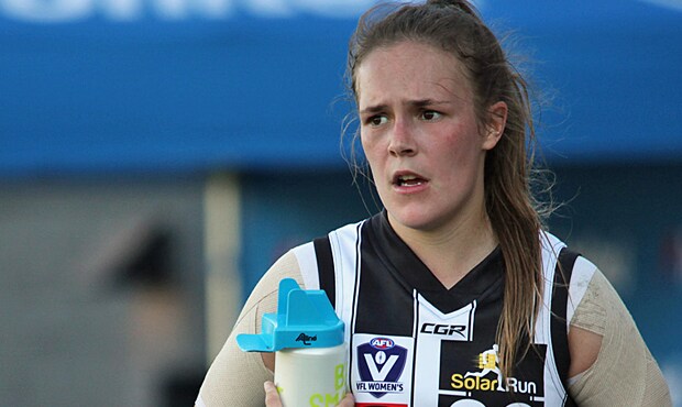 180513_whitford620.png Holly Whitford takes a breather during Collingwood's draw with Geelong at the Holden Centre. Photo: Shane Barrie. - Collingwood,Collingwood Magpies